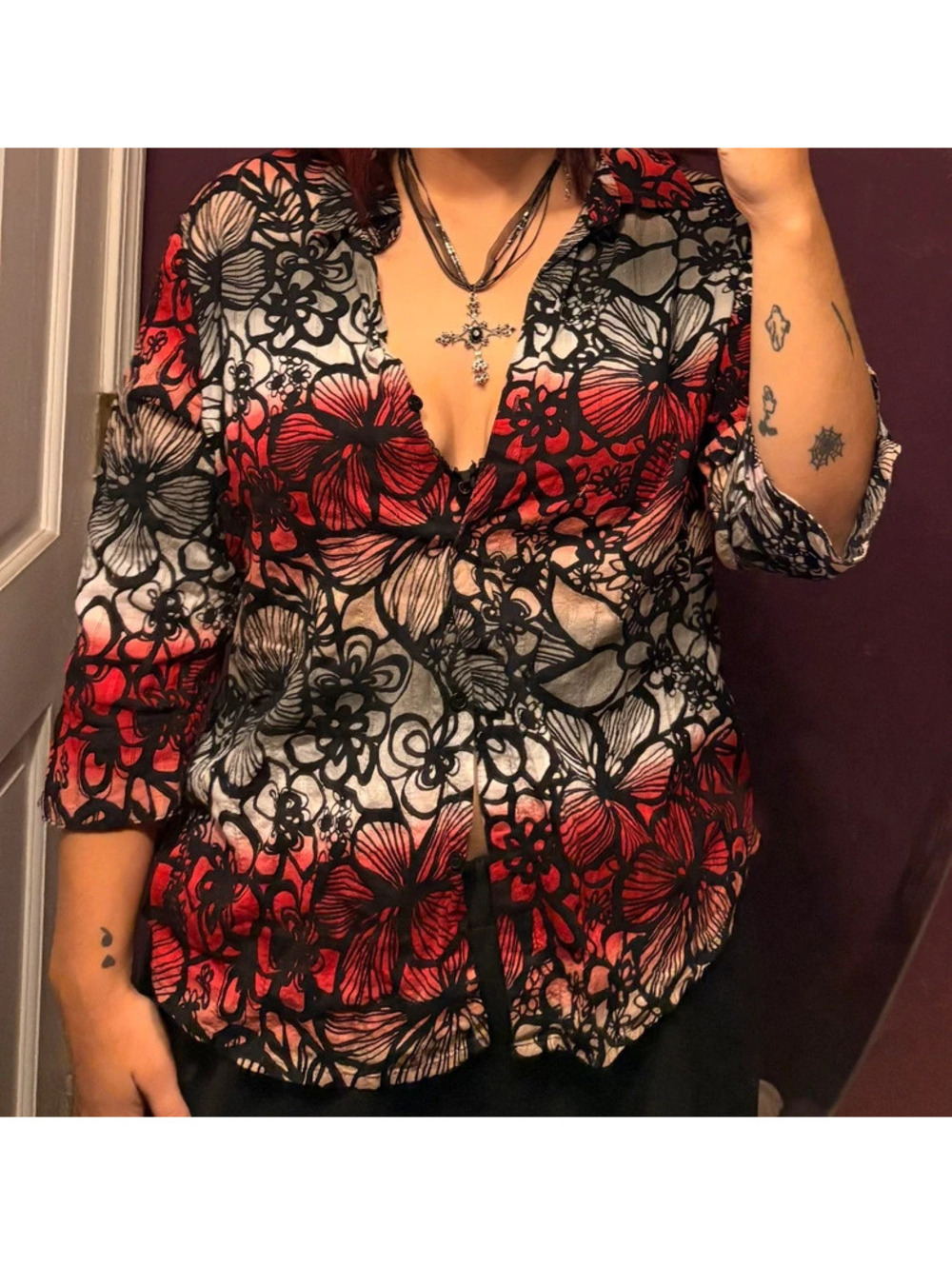 Whimsy Goth Dark red and black floral quarter sleeve button up